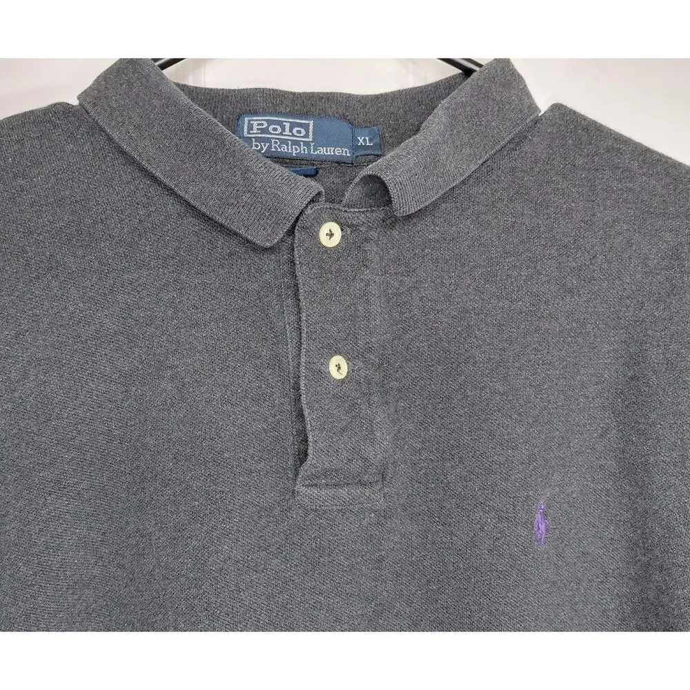 Polo Ralph Lauren Mens XL Long Sleeve Polo Shirt Gray Purple Pony Vintage Preppy